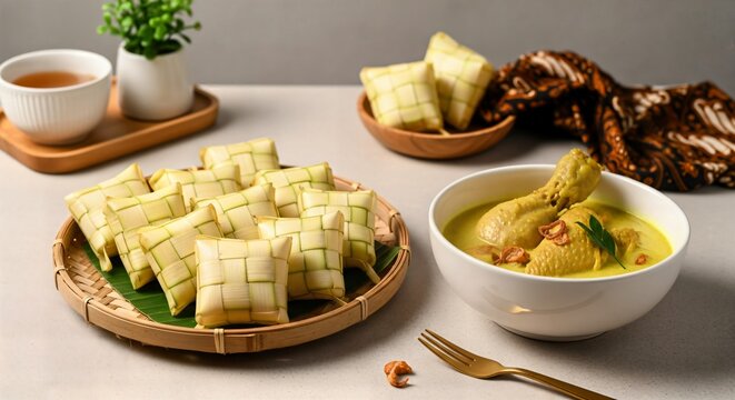 Authentic Indonesian Eid dishes ketupat and creamy chicken curry or opor ayam presented in a modern, realistic style with bamboo tray and soft festive detail