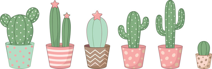 Cartoon cactus illustration set, pastel potted plants, whimsical succulents, decorative vector graphics, cute botanical icons, indoor greenery