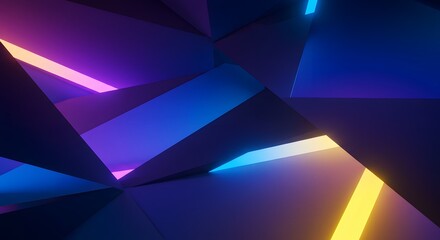 Geometric abstraction featuring dark shapes with neon-colored lighting effects