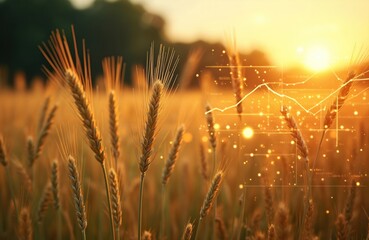 Golden wheat field at sunset illuminated by warm sunlight. Digital network lines and data analytics graphic overlay hint at advanced farming tech. Smart agritech blends nature and innovation.