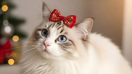 Christmas Cat with Bow: A charming ragdoll cat with striking blue eyes, adorned with a festive red bow, is set against the backdrop of a twinkling Christmas tree.