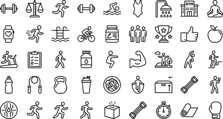 Fitness and health icon set, black line vector, gym equipment, exercise poses, wellness symbols, healthy lifestyle, activity graphics