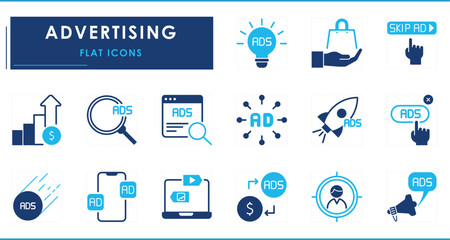 A set of flat icons related to Advertising. Advertisement, Ads, digital, money, earning, marketing, target, multimedia, shopping, and so on.