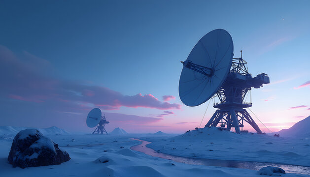 Satellite dishes in a snowy landscape under a beautiful twilight sky - Powered by Adobe