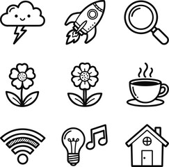 A collection of nine cute, black and white line art icons depicting miscellaneous objects such as a smiling storm cloud, rocket, flower, coffee cup, and house.