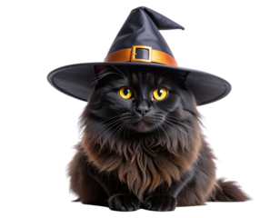 Fluffy Black Halloween Cat Wearing Witch Hat in Sitting Pose, isolated on a transparent background.