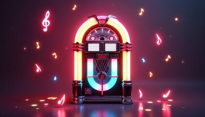 Retro glowing jukebox with neon musical notes floats around. Vintage music machine fills air with sound, party vibe. Nostalgic entertainment device is colorful.