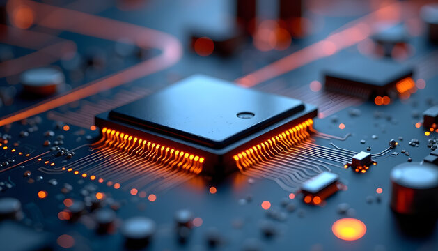 Close-up of a computer processor on a circuit board with glowing components