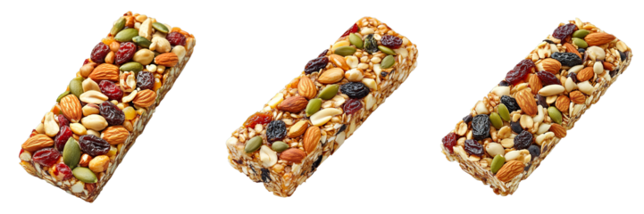 Three delicious and nutritious granola bars, each packed with a variety of nuts, seeds, and dried fruits. The bars offer a balance of flavors and textures, with a healthy boost