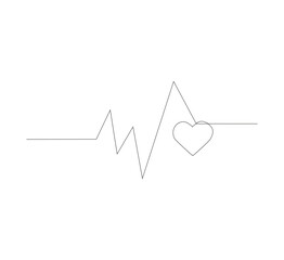 Continuous line drawing of heartbeat. Pulse trace. White background. Health icon. One line drawing. Vector illustration.