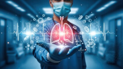 Doctor showing a holographic projection of human lungs for diagnosis and treatment.