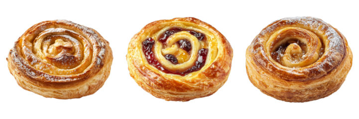 Three freshly baked pastries on display, ready to be enjoyed