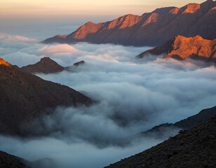 Golden light illuminates rugged mountain ridges emerging from a vast, ethereal cloud inversion filling the valleys below.