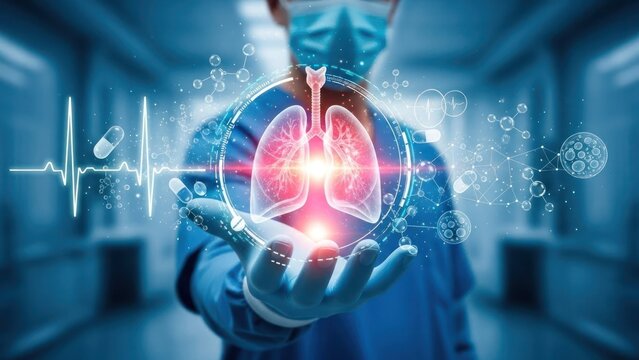 Doctor holding glowing holographic lungs with a futuristic medical interface.