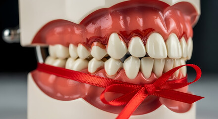 Dental Delight with a Crimson Ribbon: An alluring display of dental prosthetics artfully tied with a scarlet ribbon, a compelling visual representing dental care, the artistry.