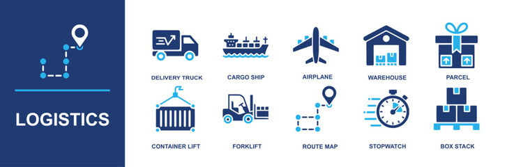 Logistics icon set. Containing delivery truck, cargo ship, plane, warehouse, parcel, container lift, forklift, route map, stopwatch, pallets, supply chain and shipping and more. Solid vector icons UI
