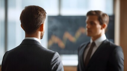 Two businessmen in suits analyze financial charts on a screen in a modern office