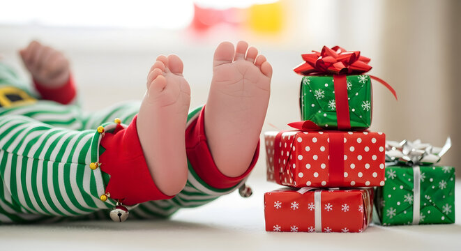 Christmas Joy: An infant's tiny feet nestled near a colorful stack of wrapped gifts, a symbol of festive cheer and the anticipation of Christmas morning.