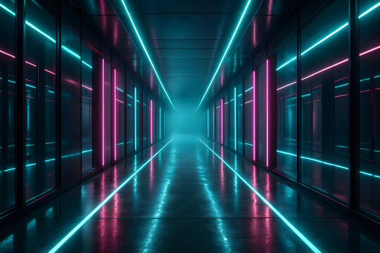 Futuristic Hallway with Neon Lights and Reflective Floor, Fog at the End