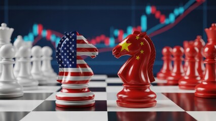 Geopolitical strategy between USA and China represented by a chess game with a stock market background.