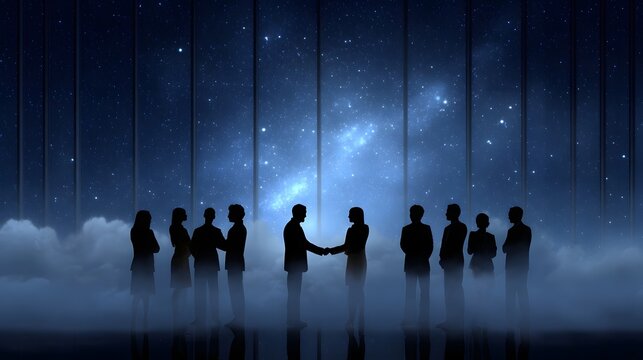 Silhouettes of business professionals shaking hands in a modern meeting space overlooking a starlit galaxy with swirling mist