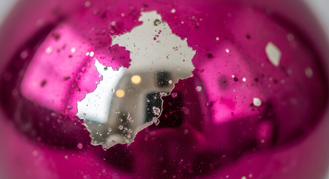 Christmas Bauble’s Imperfection: A close-up look at a vibrant pink bauble with a revealing imperfection, showing a glimpse of what lies beneath, and offering a unique perspective on holiday ornaments.