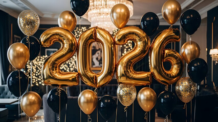Countdown to 2026 Celebration: Golden balloons form the year 2026, set against a backdrop of festive decor and glimmering accents. This image symbolizes new year, optimism.