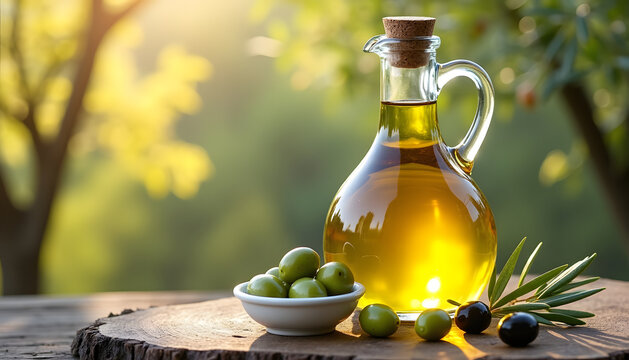 Olive oil in a glass bottle with olives and olive branches on a wooden surface