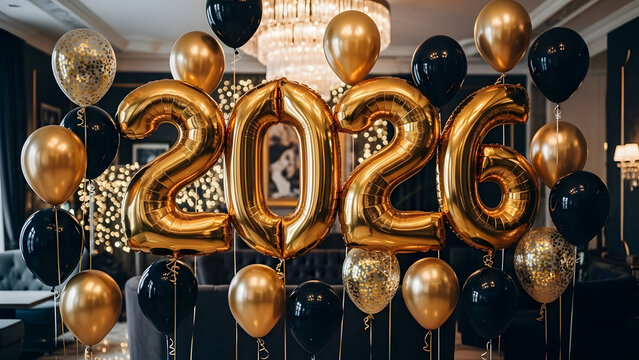 Countdown to 2026 Celebration: Golden balloons form the year 2026, set against a backdrop of festive decor and glimmering accents. This image symbolizes new year, optimism.