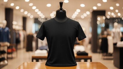 Plain black t-shirt mockup on a mannequin in a modern clothing store.