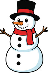 A friendly cartoon snowman wearing a black top hat and a red scarf, with twig arms and a carrot nose.