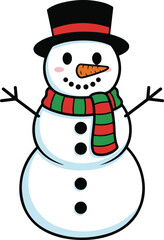 A friendly cartoon snowman wearing a black top hat, a red and green striped scarf, and featuring rosy cheeks, standing with open arms.