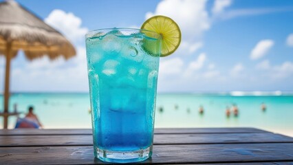 Refreshing blue cocktail with a lime garnish on a wooden table at a tropical beach.