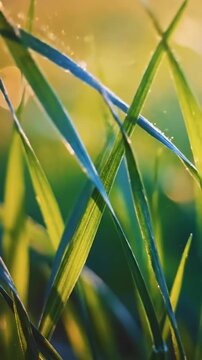 Extreme macro slow motion shot of abstract green and blue grass blades swaying gently in a serene golden wind field, texture, serene golden wind