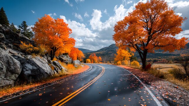 Scenic curving road lined with vibrant orange and red maple trees in peak autumn features fallen leaves on the asphalt and sunny blue sky.