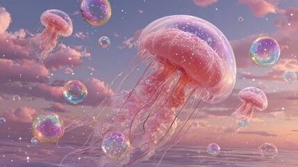 Dreamy jellyfish float among colorful bubbles.