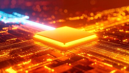Abstract futuristic image of a glowing microchip processor and circuit board