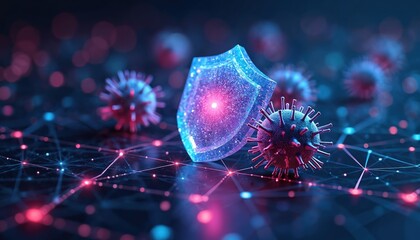 Glowing blue shield guards against microscopic virus particles. Digital network lines glow red and blue connecting points. Cyber security concept visualization.