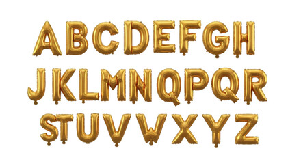 a complete set of 3d capital gold metallic foil balloon letters (a-z) floating gently against a transparent studio background with soft shadows and copy space. concept for festive announcement
