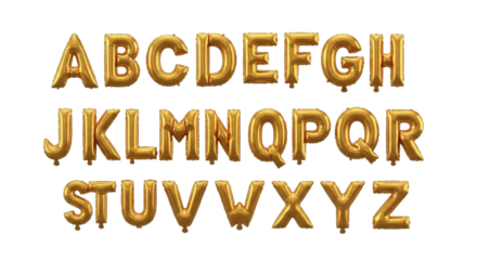 a complete set of 3d capital gold metallic foil balloon letters (a-z) floating gently against a transparent studio background with soft shadows and copy space. concept for festive announcement