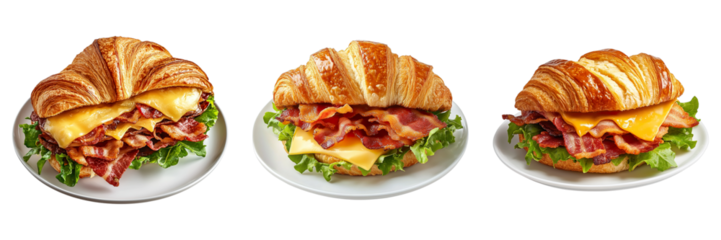 Three delectable croissant sandwiches with cheese, bacon and lettuce, beautifully arranged on a white plate