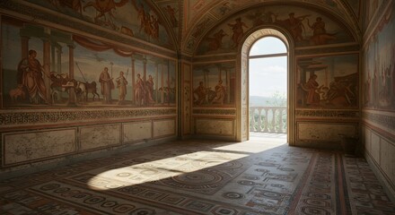 Obraz premium Interior room with frescoes, light, and open doorway to a balcony overlooking a landscape