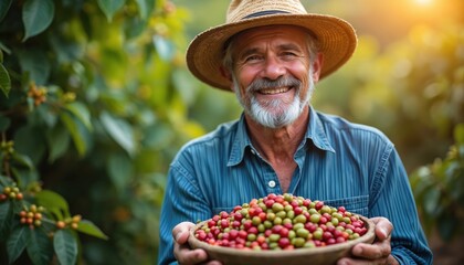 Smiling mature farmer presents fresh coffee harvest in bowl. Man wearing hat holds red green beans from plantation. Agriculture worker with caffeine seeds in organic farm looks happy.