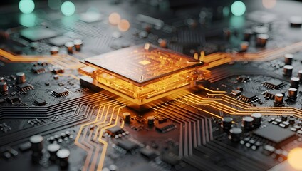 Glowing microchip on futuristic circuit board with golden connections, advanced processor technology, digital hardware innovation and high-performance computing background