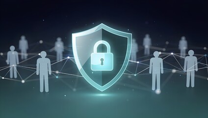 Cybersecurity protection shield with glowing lock symbol, secure network connection, data privacy concept, digital safety interface and user security technology background