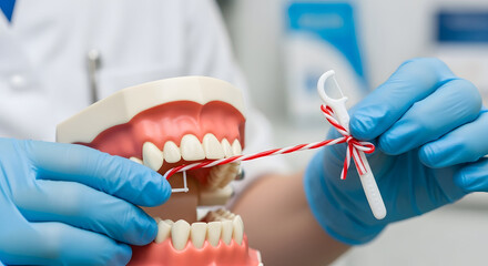 Dental Care: A close-up view showcases dental hygiene, where a dental professional demonstrates the correct usage of dental floss using a model of teeth