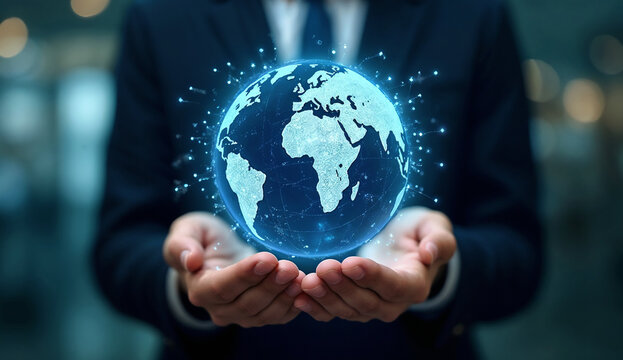 Businessman hold global business globe with network connected to digital marketing strategy and creative solution.