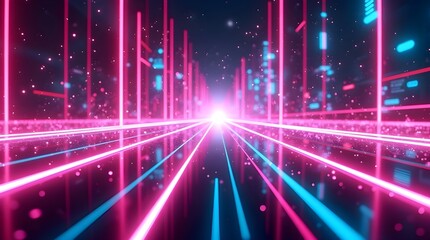 Futuristic neon cyber corridor with glowing pink and blue light beams, digital tunnel perspective, high-tech virtual data pathway, sci-fi technology background