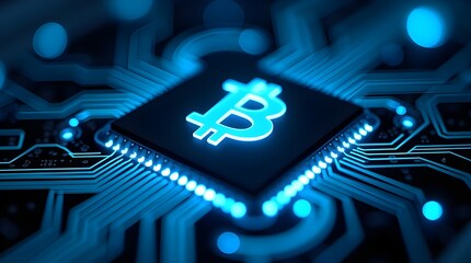 Futuristic Bitcoin blockchain processor glowing on digital circuit board, cryptocurrency mining hardware, fintech technology, decentralized ledger innovation background