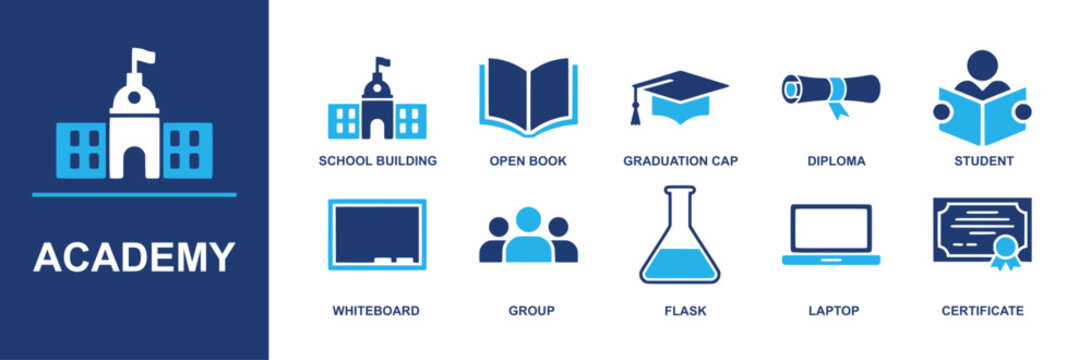 Academy icon set. Containing school building, open book, graduation cap, diploma, student, whiteboard, group, flask, laptop, certificate for learning branding, apps UI and more now. Solid vector icons